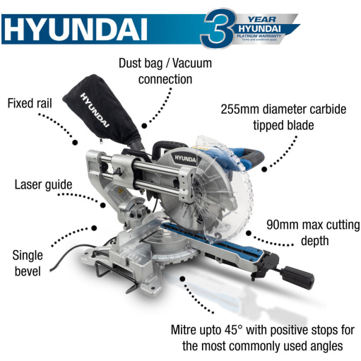 Hyundai 2000W Electric Mitre Saw / Chop Saw with 255mm Blade