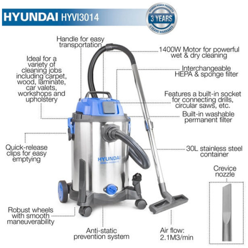 Hyundai HYVI3014 1400W 3 IN 1 Wet & Dry Electric Vacuum Cleaner