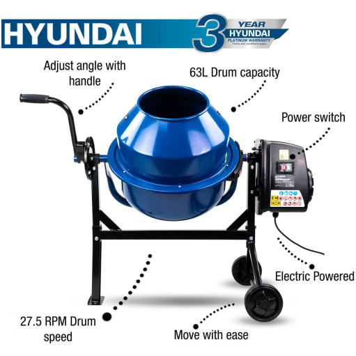 Hyundai 220W 63L Electric 230v Cement / Concrete Mixer | HYCM63E