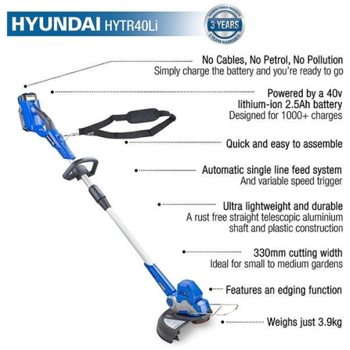 Hyundai 40v Lithium-ion Cordless Grass Trimmer With Battery and Charger | HYTR40LI