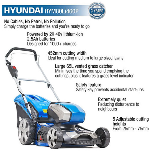 Hyundai 80V Lithium-Ion Cordless Battery Powered Lawn Mower 45cm Cutting Width With Battery and Charger | HYM80LI460P