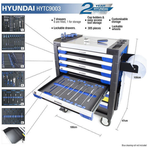 Hyundai HYTC9003 305 Piece 7 Drawer Caster Mounted Roller Tool Chest Cabinet