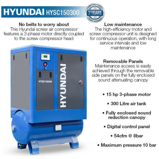 Hyundai 15hp 300 Litre Screw Compressor | HYSC150300