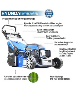 Hyundai 21"/53cm 196cc Self-Propelled Petrol Roller Lawnmower | HYM530SPR