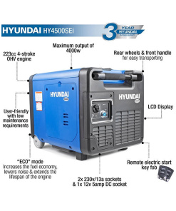 Hyundai 230V Petrol Driven 4000W / 4kW 5kVA Portable Generator | HY4500SEI