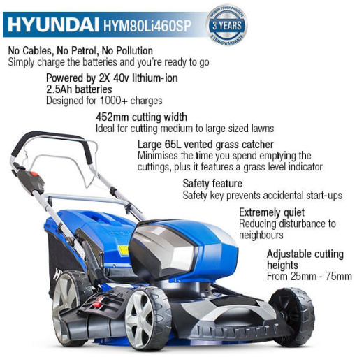 Hyundai 18"/45cm Cordless 80v Lithium-Ion Battery Self Propelled Lawnmower with Battery and Charger | HYM80Li460SP