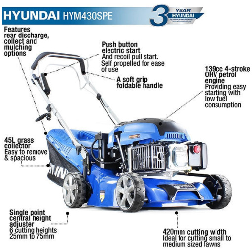 Hyundai 17"/42cm 139cc Electric-Start Self-Propelled Petrol Lawnmower | HYM430SPE