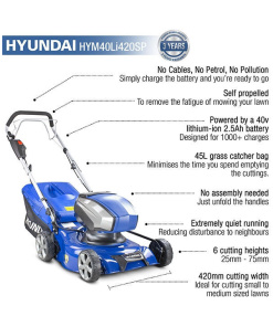 Hyundai 42cm Cordless 40v Lithium-Ion Battery Self-Propelled Lawnmower with Battery and Charger | HYM40LI420SP