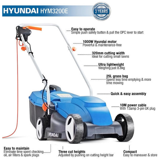 Hyundai HYM3200E Corded Electric 1000W / 240V Rotary Lawnmower