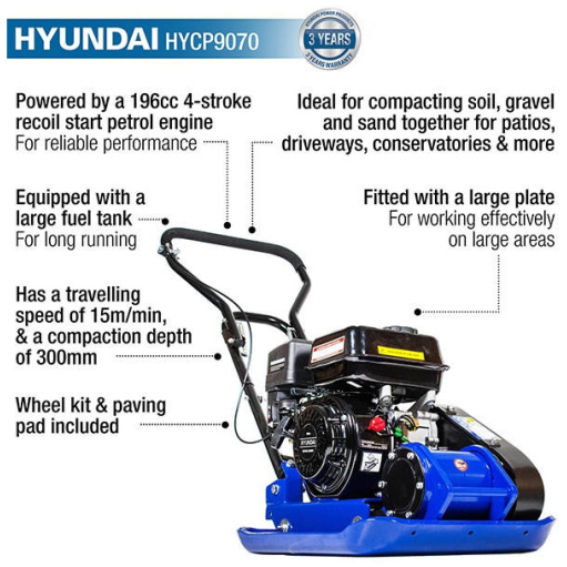 Hyundai HYCP9070 Petrol Plate Compactor / Wacker 196cc 86kg 420cm