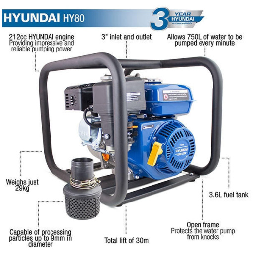 Hyundai HY80 212cc 6.5hp Professional Petrol Water Pump - 3"/80mm Outlet