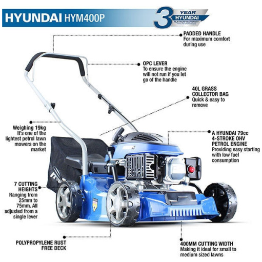 Hyundai Petrol Lawnmower 79cc 400mm Push Rotary | HYM400P
