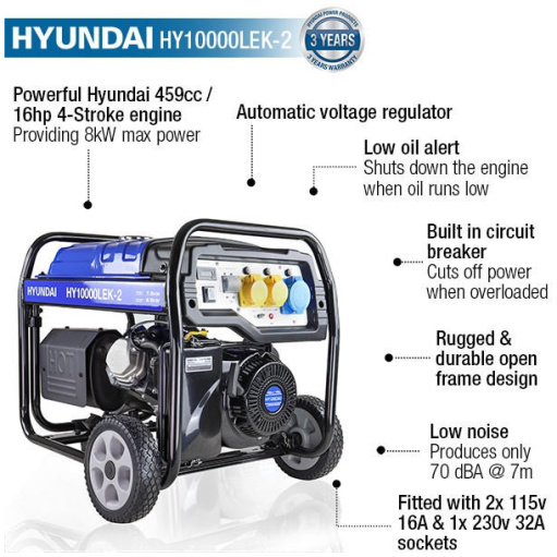 Hyundai The 8kW/10kVA* Recoil and Electric Start Site Petrol Generator | HY10000LEK-2