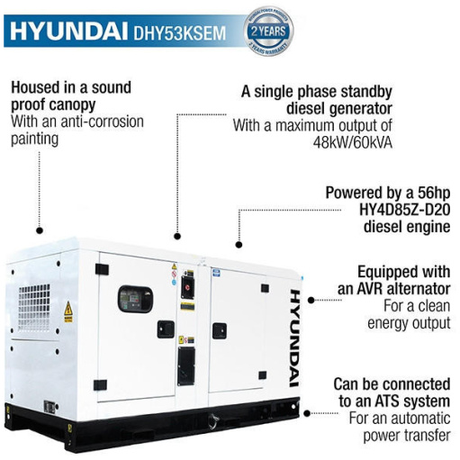 Hyundai DHY53KSEm 60kVA 1500rpm Single Phase Diesel Generator
