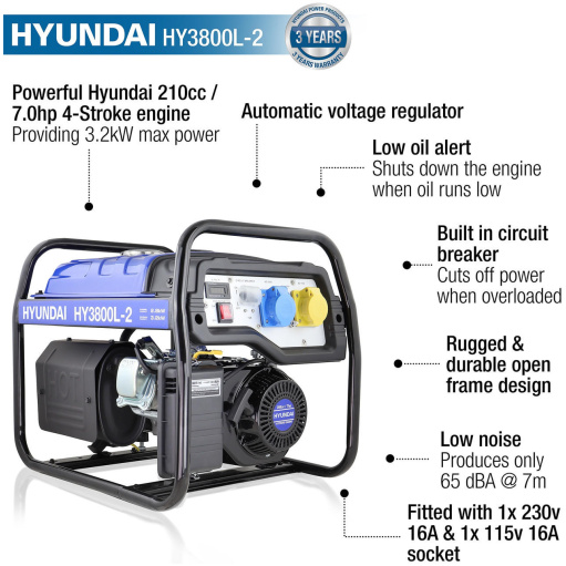 Hyundai HY3800L-2 3.2kW / 4.00kVa* Recoil Start Site Petrol Generator