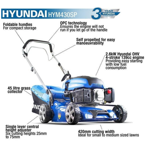 Hyundai 17"/43cm 139cc Self-Propelled Petrol Lawnmower | HYM430SP