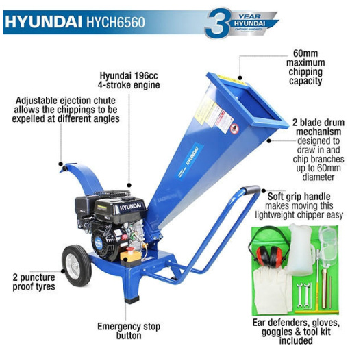 Hyundai HYCH6560 196 cc 60mm Petrol 4-Stroke Garden Wood Chipper Shredder