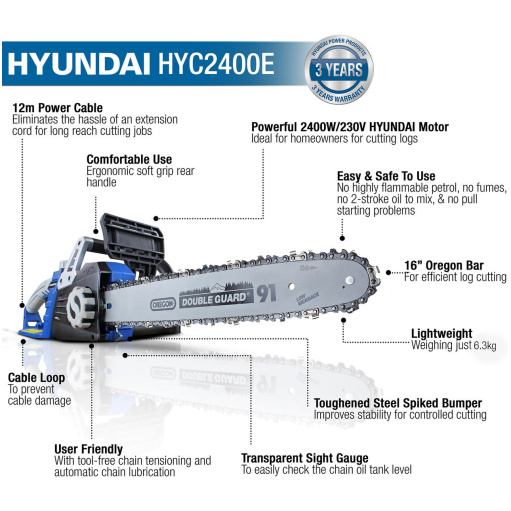 Hyundai 2400W / 230V 16" Corded Electric Chainsaw | HYC2400E