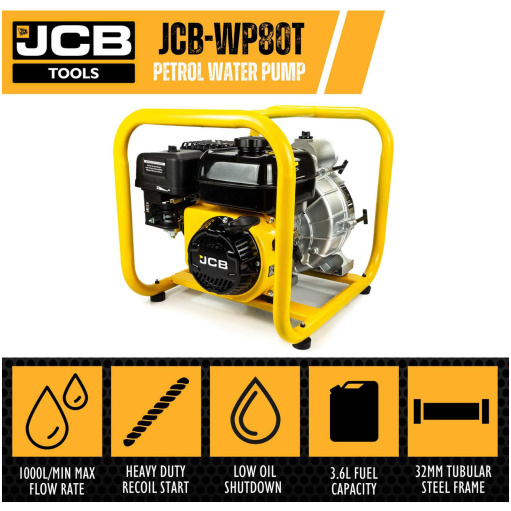 JCB Tools JCB 80mm 3’’ Professional Petrol Trash Water Pump 1000L/min 7.5hp 224cc 4-Stroke | JCB-WP80T